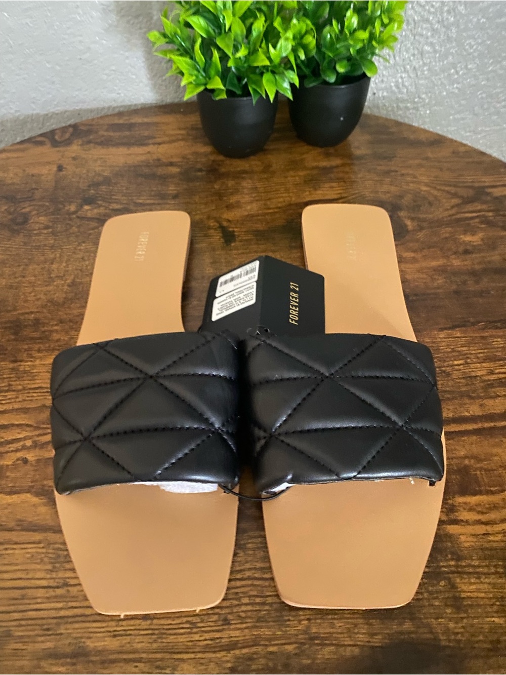 Forever 21 Black Quilted Slide Sandals with Tan Footbed